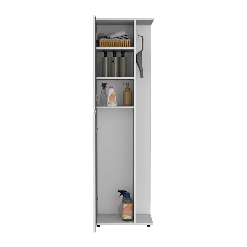 Tall White Single Door Four Shelf Engineered Wood Storage Cabinet
