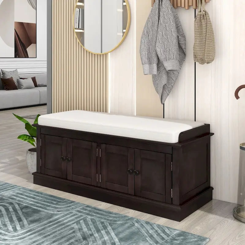 Cushioned Storage Bench with 4 Doors, Espresso & Antique Navy Shoe Bench for Entryway