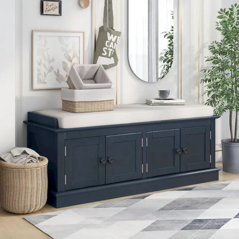 Banc de rangement capitonné avec 4 portes, banc à chaussures expresso et bleu marine antique pour entrée