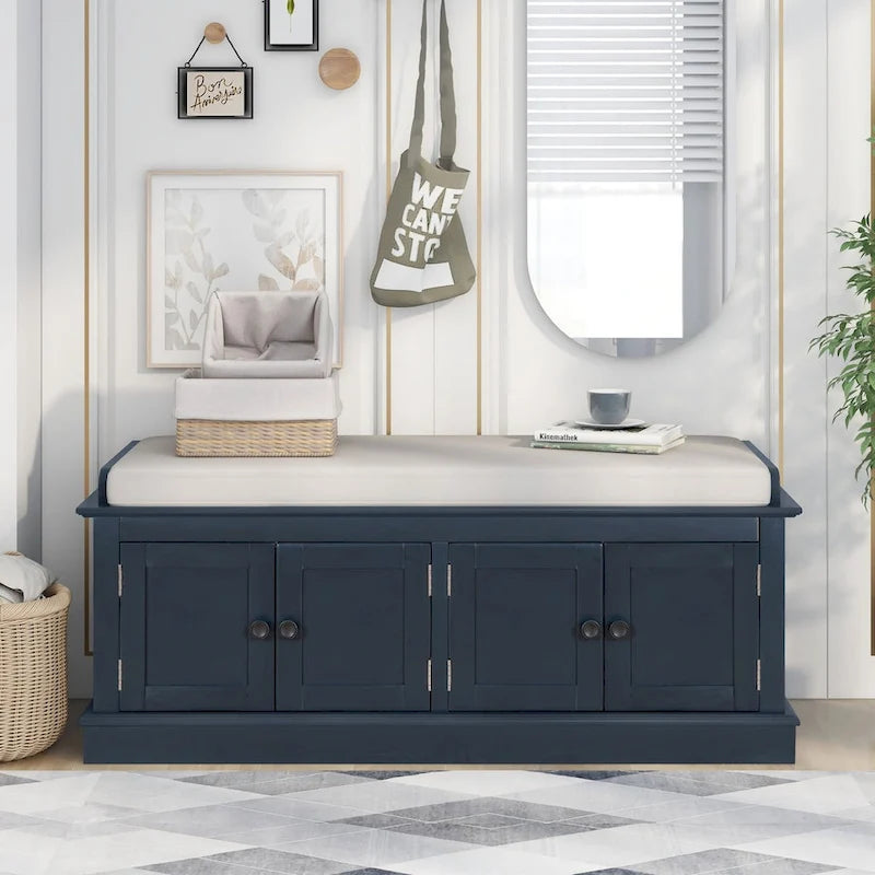 Cushioned Storage Bench with 4 Doors, Espresso & Antique Navy Shoe Bench for Entryway