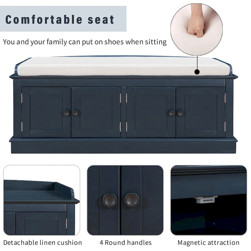 Cushioned Storage Bench with 4 Doors, Espresso & Antique Navy Shoe Bench for Entryway