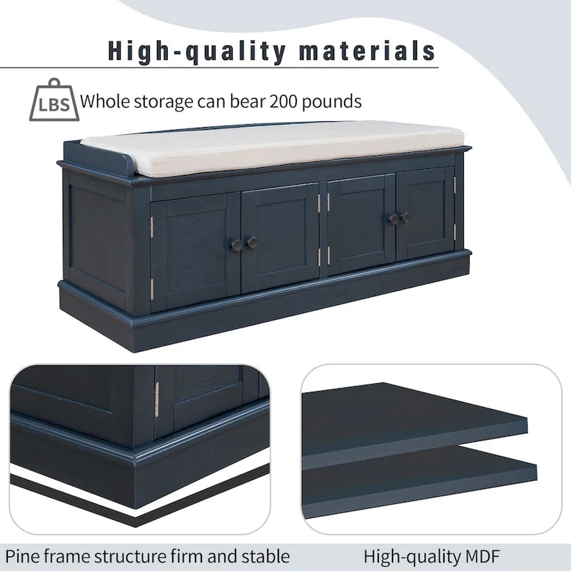 Cushioned Storage Bench with 4 Doors, Espresso & Antique Navy Shoe Bench for Entryway