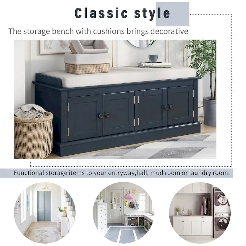 Cushioned Storage Bench with 4 Doors, Espresso & Antique Navy Shoe Bench for Entryway