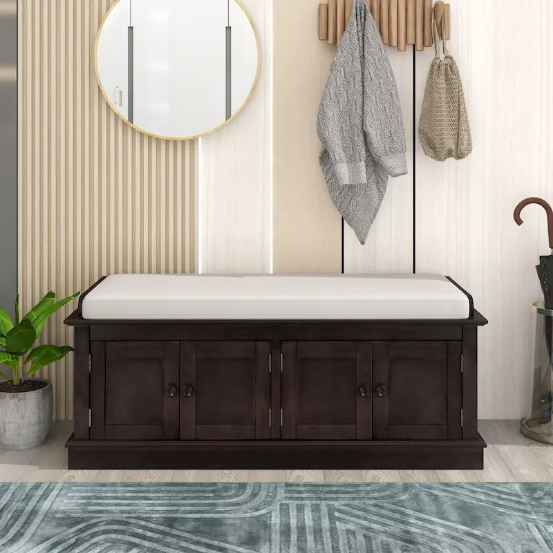 Cushioned Storage Bench with 4 Doors, Espresso & Antique Navy Shoe Bench for Entryway