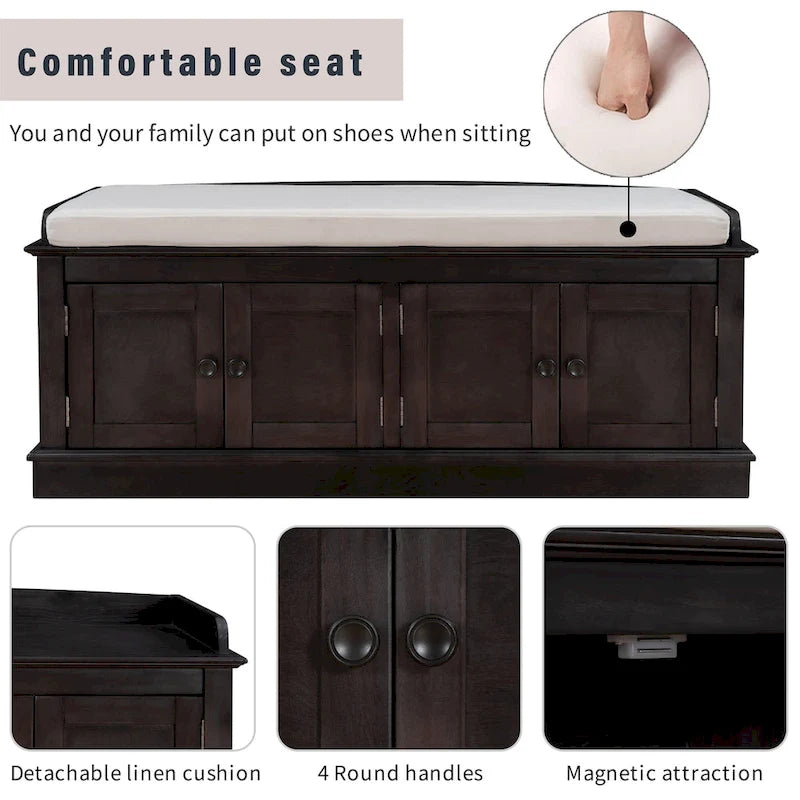 Cushioned Storage Bench with 4 Doors, Espresso & Antique Navy Shoe Bench for Entryway
