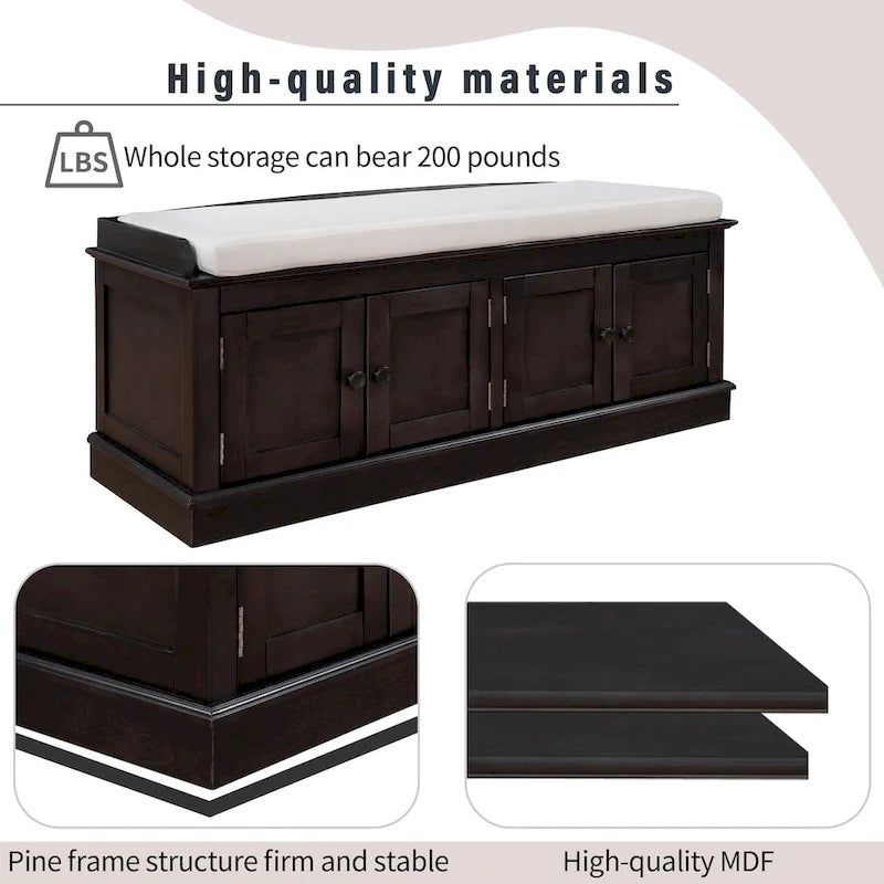 Cushioned Storage Bench with 4 Doors, Espresso & Antique Navy Shoe Bench for Entryway