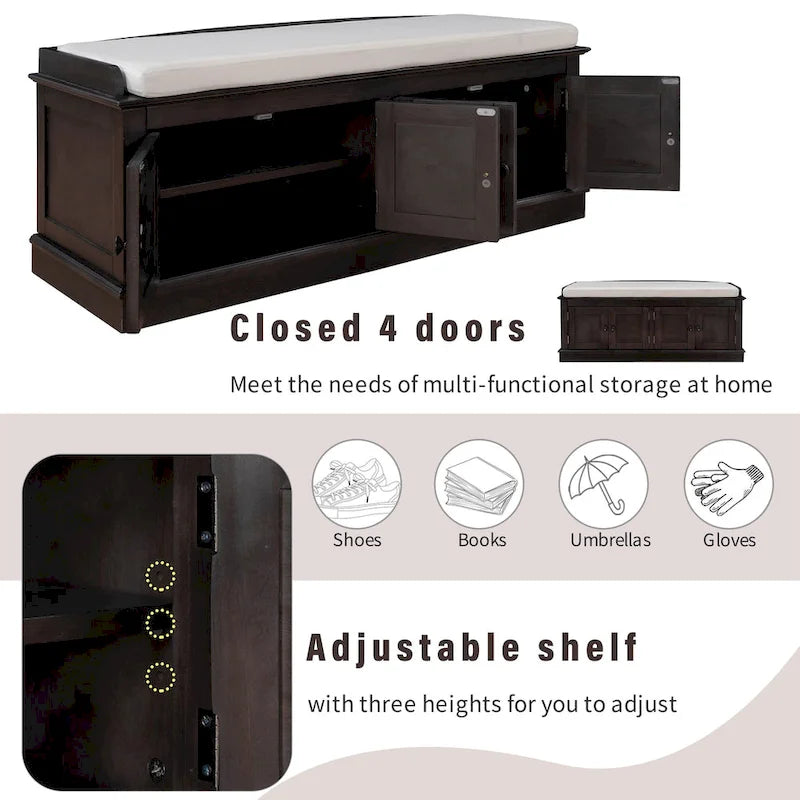 Cushioned Storage Bench with 4 Doors, Espresso & Antique Navy Shoe Bench for Entryway
