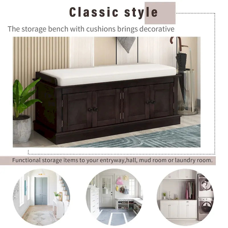Cushioned Storage Bench with 4 Doors, Espresso & Antique Navy Shoe Bench for Entryway