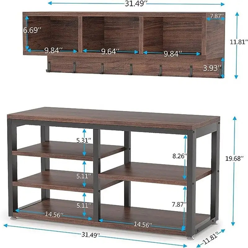 Entryway Shoe Bench with Wall Shelf and Coat Hooks Rustic