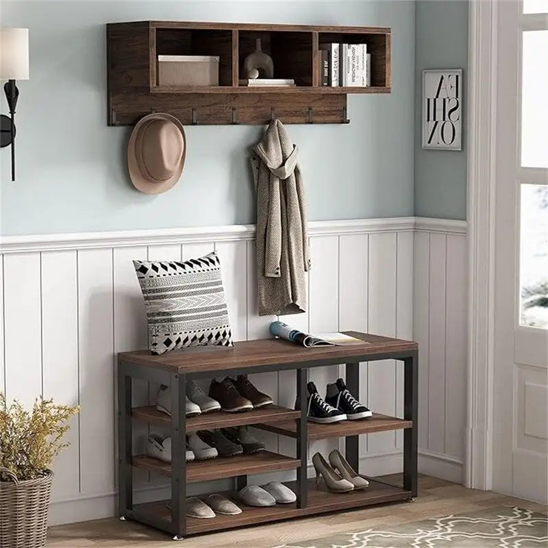 Entryway Shoe Bench with Wall Shelf and Coat Hooks Rustic
