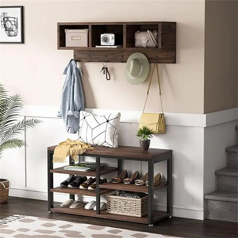 Entryway Shoe Bench with Wall Shelf and Coat Hooks Rustic