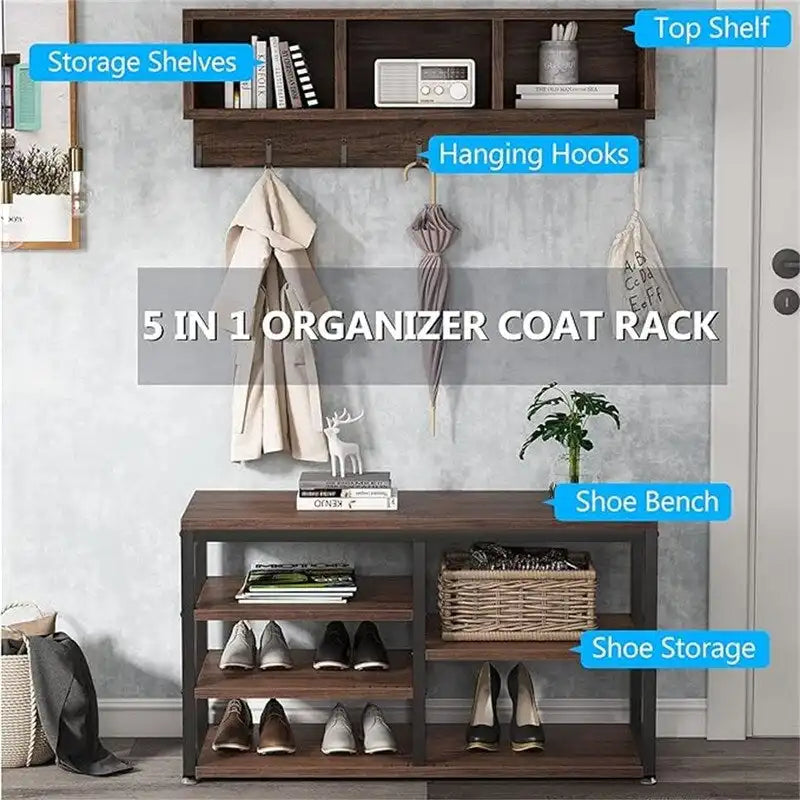 Entryway Shoe Bench with Wall Shelf and Coat Hooks Rustic