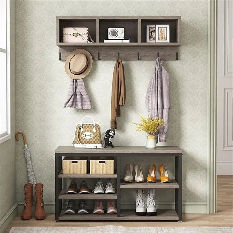 Entryway Shoe Bench with Wall Shelf and Coat Hooks Rustic