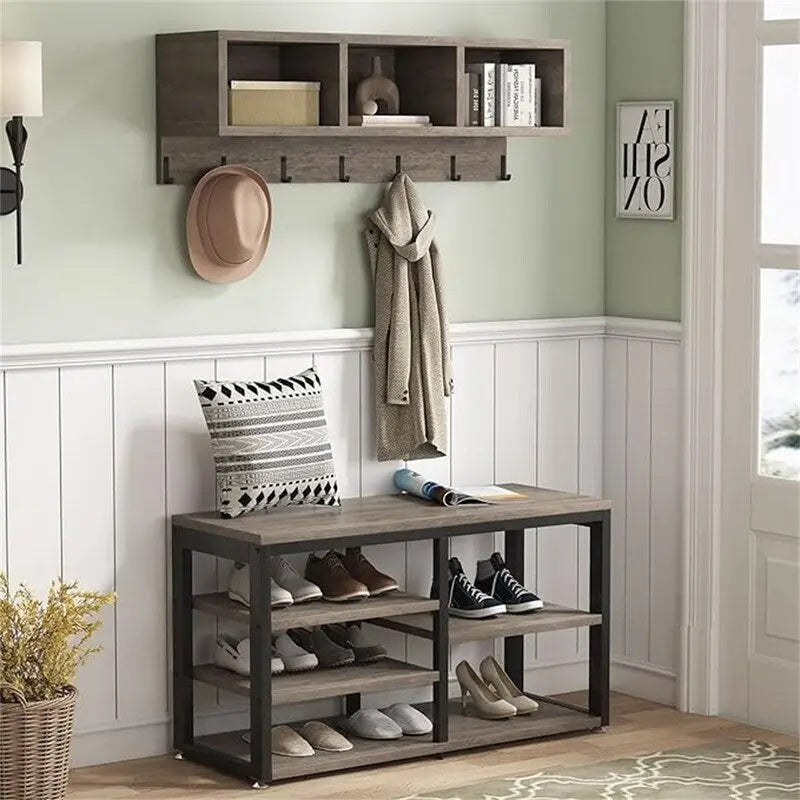 Entryway Shoe Bench with Wall Shelf and Coat Hooks Rustic