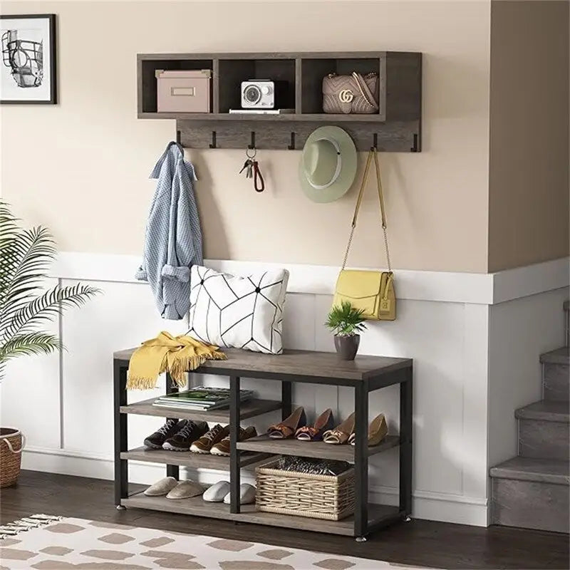 Entryway Shoe Bench with Wall Shelf and Coat Hooks Rustic