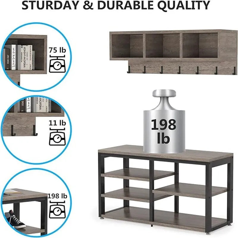 Entryway Shoe Bench with Wall Shelf and Coat Hooks Rustic