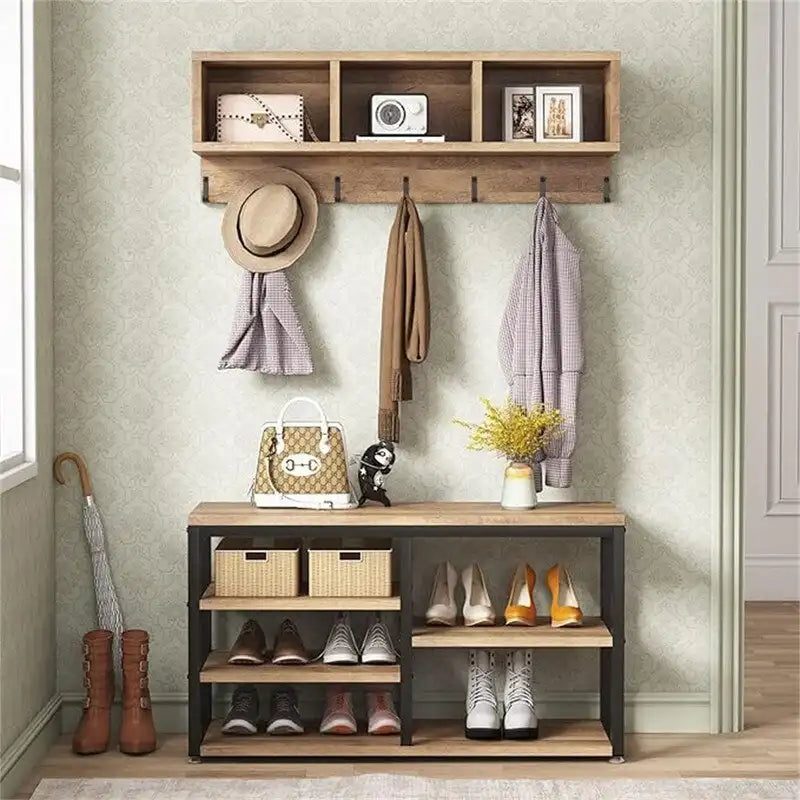 Entryway Shoe Bench with Wall Shelf and Coat Hooks Rustic