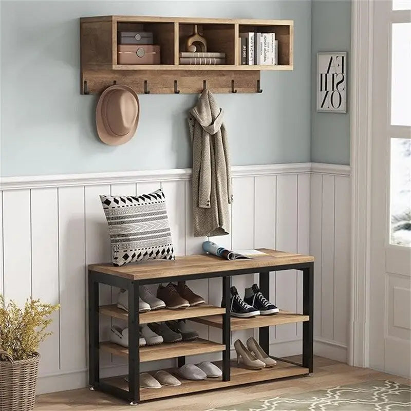 Entryway Shoe Bench with Wall Shelf and Coat Hooks Rustic