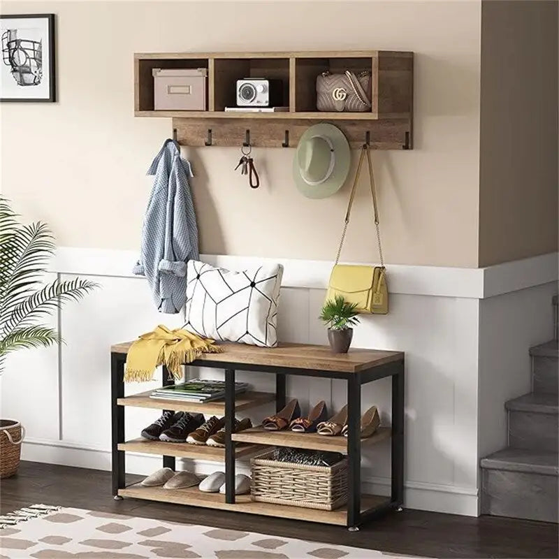 Entryway Shoe Bench with Wall Shelf and Coat Hooks Rustic