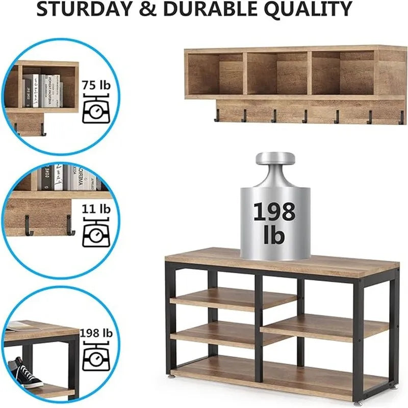 Entryway Shoe Bench with Wall Shelf and Coat Hooks Rustic