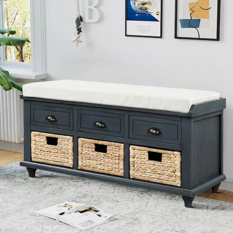 Wood Storage Bench with 3 Rattan Baskets and Removable Cushion, Navy Blue