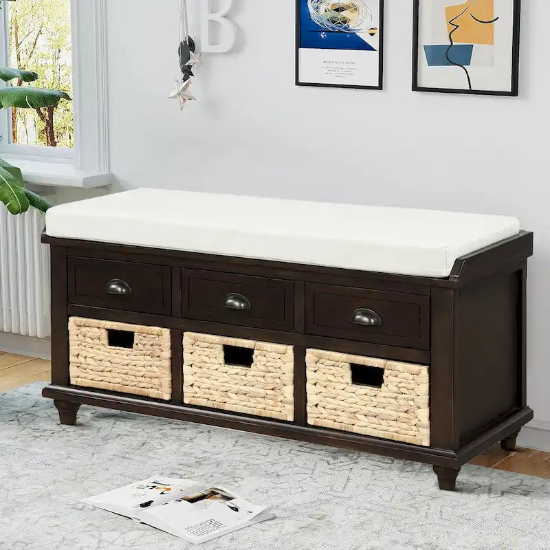 Banc de rangement en bois avec 3 paniers en rotin et coussin amovible, Bleu marine