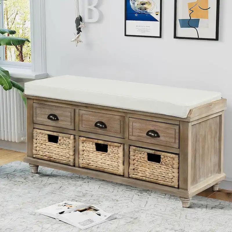 Banc de rangement en bois avec 3 paniers en rotin et coussin amovible, Bleu marine