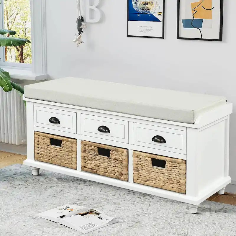 Banc de rangement en bois avec 3 paniers en rotin et coussin amovible, Bleu marine