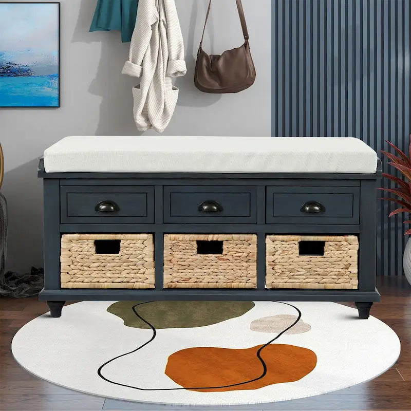 Wood Storage Bench with 3 Rattan Baskets and Removable Cushion, Navy Blue