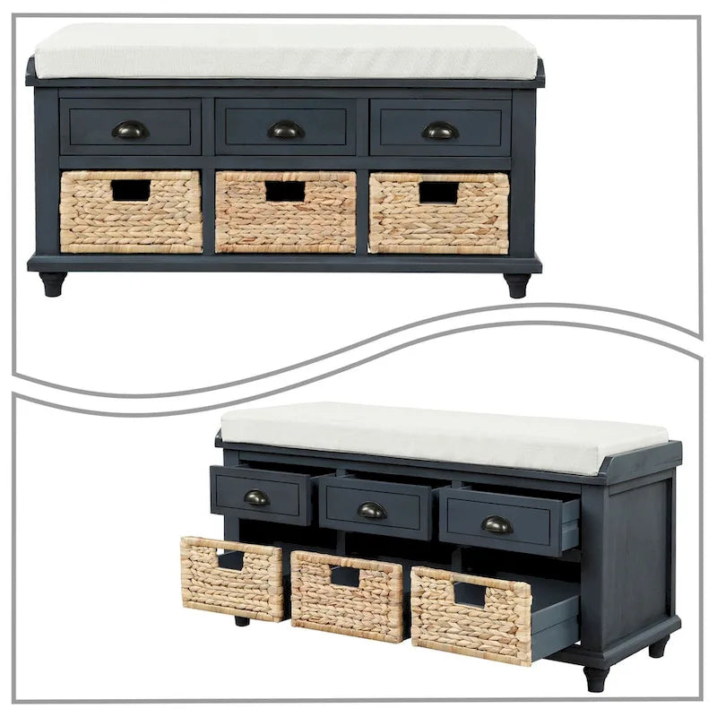 Wood Storage Bench with 3 Rattan Baskets and Removable Cushion, Navy Blue