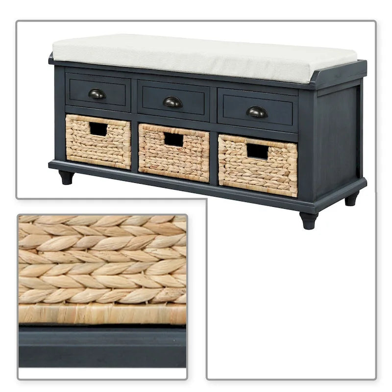 Wood Storage Bench with 3 Rattan Baskets and Removable Cushion, Navy Blue