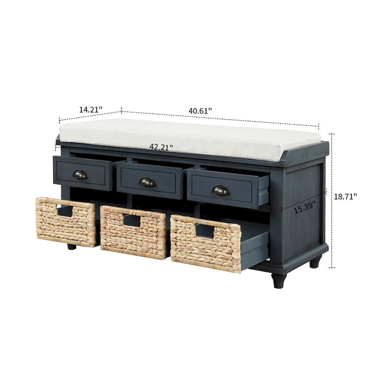 Wood Storage Bench with 3 Rattan Baskets and Removable Cushion, Navy Blue