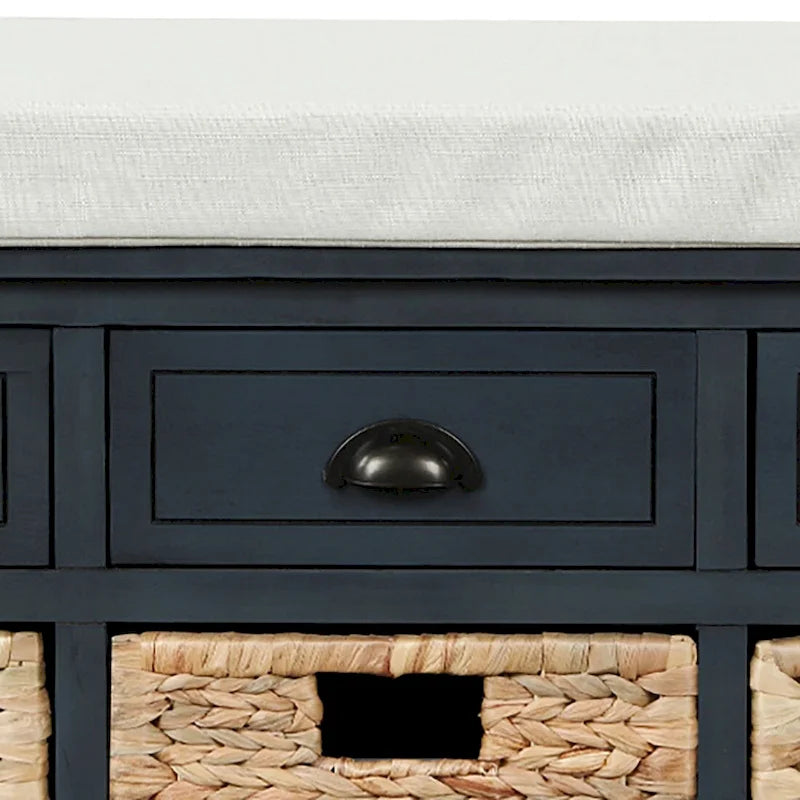 Wood Storage Bench with 3 Rattan Baskets and Removable Cushion, Navy Blue