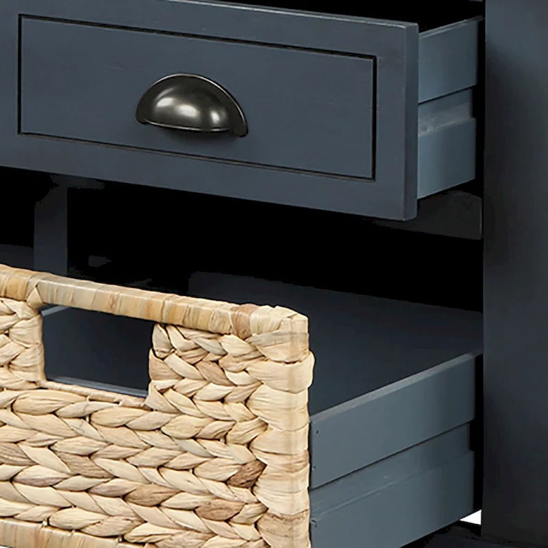 Wood Storage Bench with 3 Rattan Baskets and Removable Cushion, Navy Blue