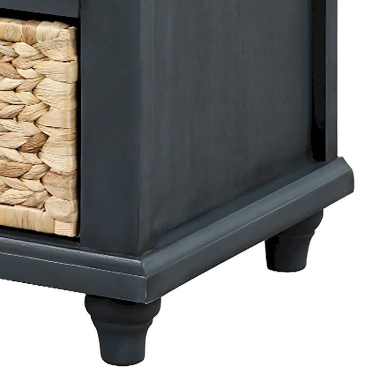 Wood Storage Bench with 3 Rattan Baskets and Removable Cushion, Navy Blue