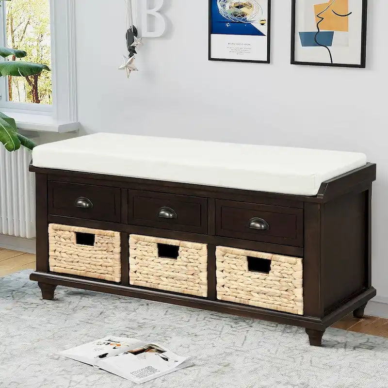 Wood Storage Bench with 3 Rattan Baskets and Removable Cushion, Navy Blue
