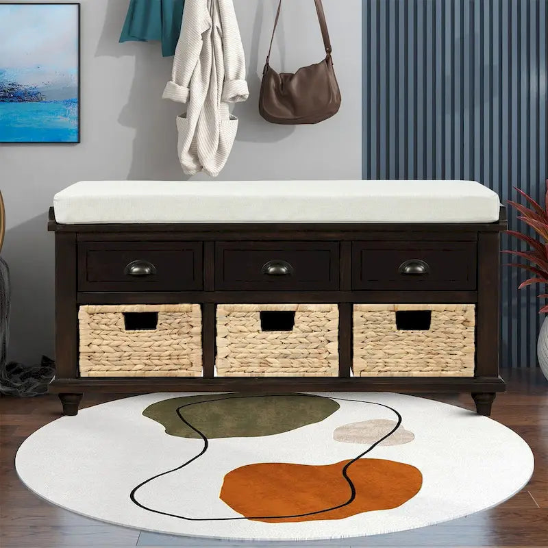 Wood Storage Bench with 3 Rattan Baskets and Removable Cushion, Navy Blue