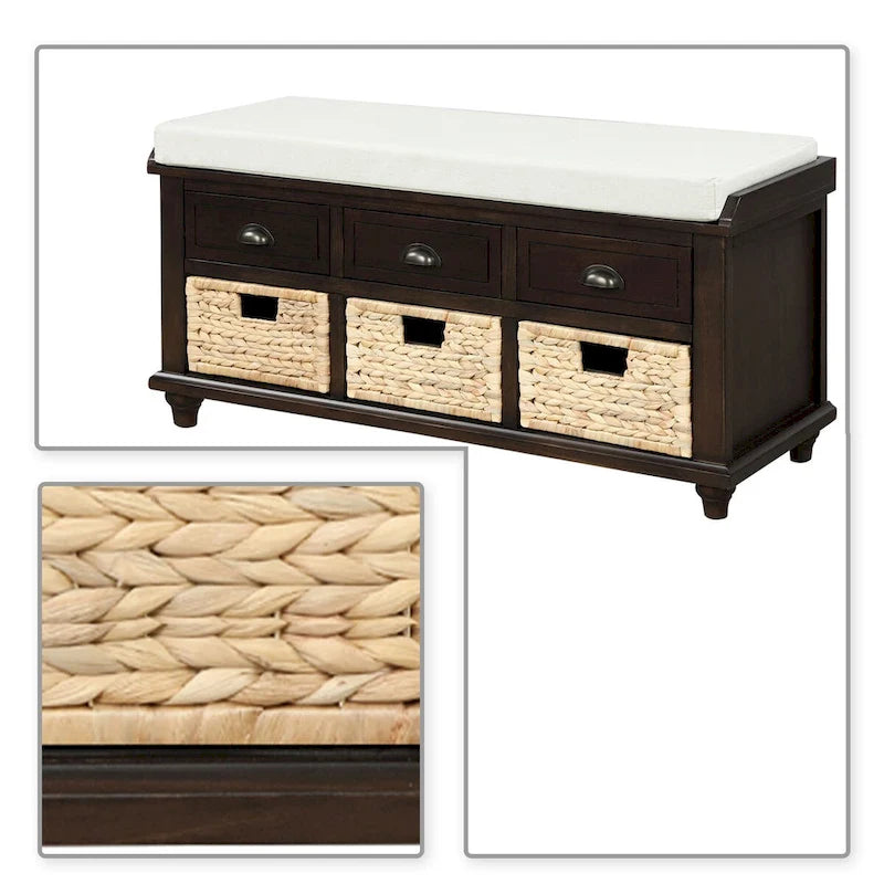 Wood Storage Bench with 3 Rattan Baskets and Removable Cushion, Navy Blue