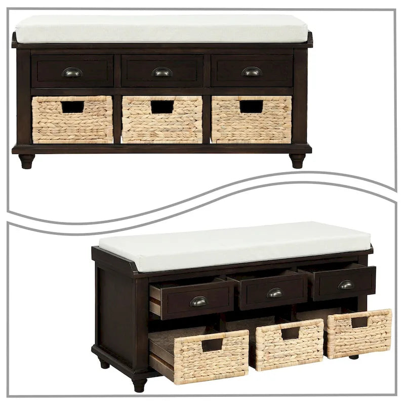 Wood Storage Bench with 3 Rattan Baskets and Removable Cushion, Navy Blue