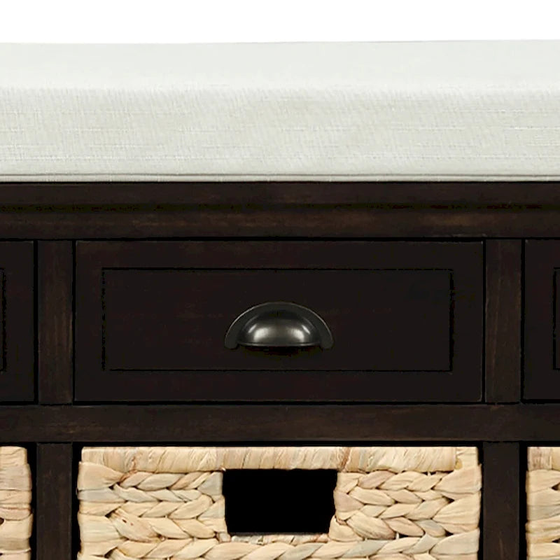 Wood Storage Bench with 3 Rattan Baskets and Removable Cushion, Navy Blue