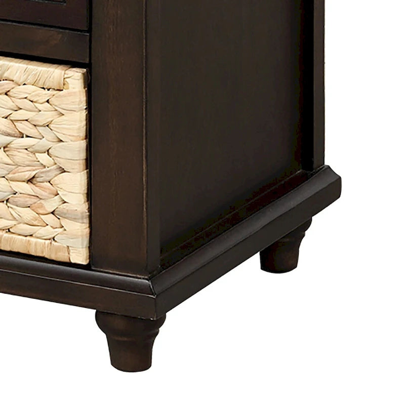Wood Storage Bench with 3 Rattan Baskets and Removable Cushion, Navy Blue