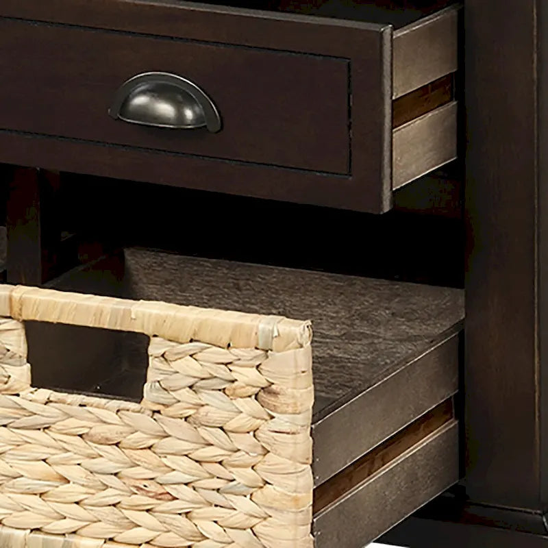 Wood Storage Bench with 3 Rattan Baskets and Removable Cushion, Navy Blue