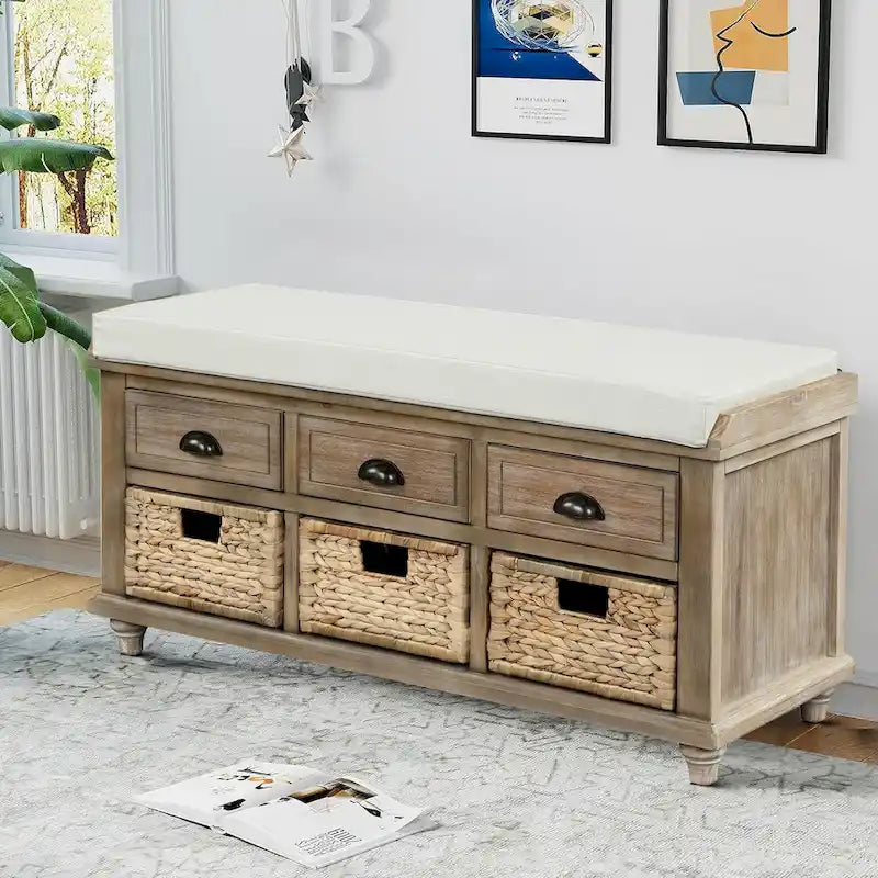 Wood Storage Bench with 3 Rattan Baskets and Removable Cushion, Navy Blue