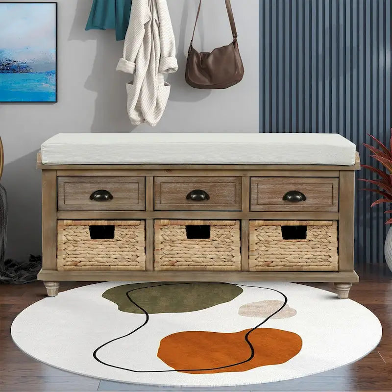 Wood Storage Bench with 3 Rattan Baskets and Removable Cushion, Navy Blue