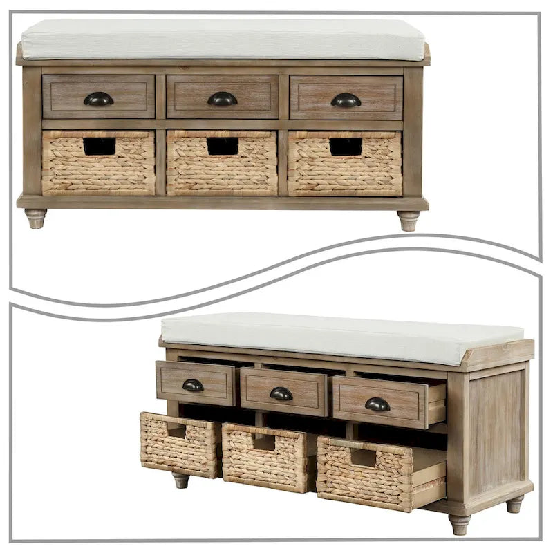 Wood Storage Bench with 3 Rattan Baskets and Removable Cushion, Navy Blue