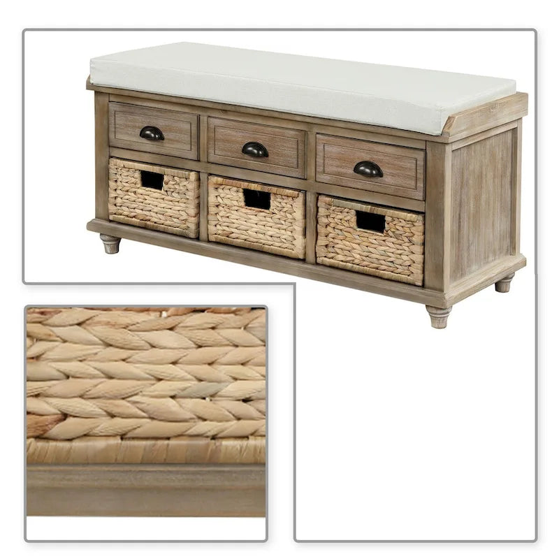 Wood Storage Bench with 3 Rattan Baskets and Removable Cushion, Navy Blue