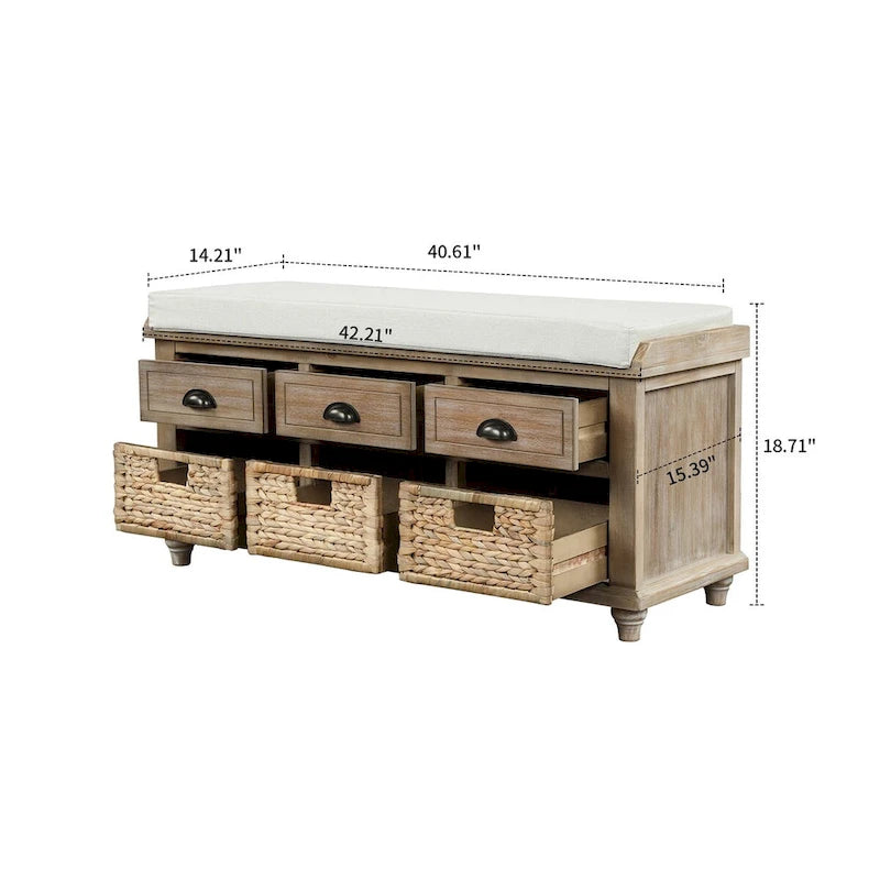 Wood Storage Bench with 3 Rattan Baskets and Removable Cushion, Navy Blue