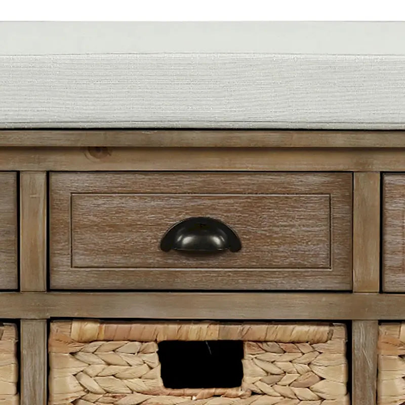 Wood Storage Bench with 3 Rattan Baskets and Removable Cushion, Navy Blue