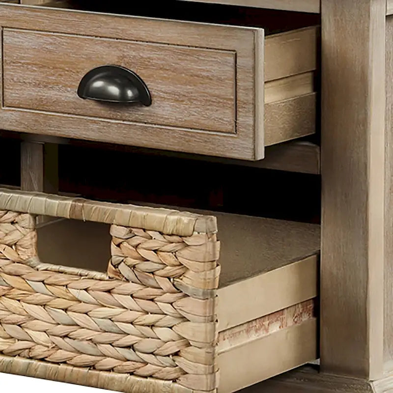 Wood Storage Bench with 3 Rattan Baskets and Removable Cushion, Navy Blue