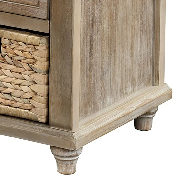 Wood Storage Bench with 3 Rattan Baskets and Removable Cushion, Navy Blue